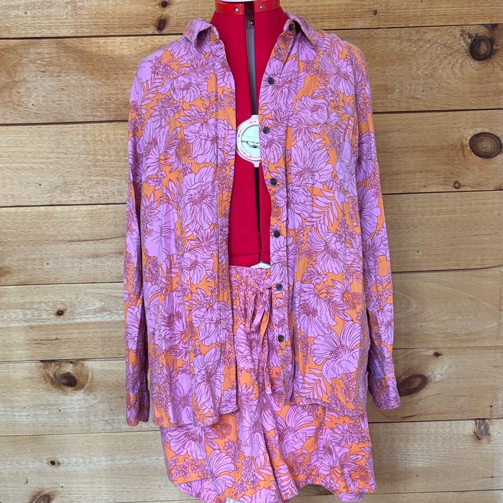 Pink and Orange Floral Button-Up Shirt and Shorts Set
